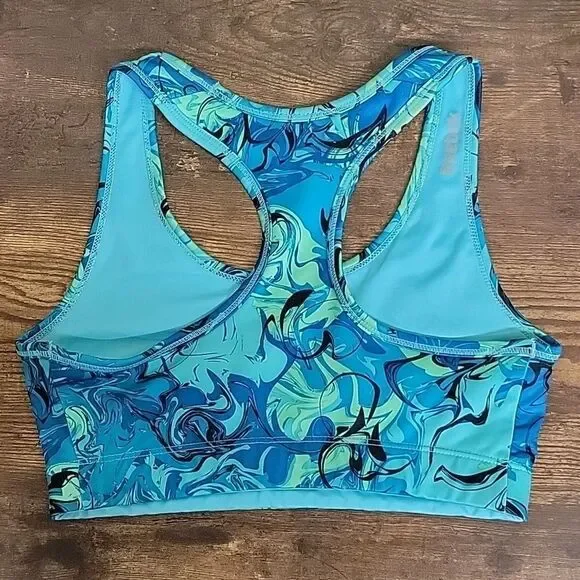 REEBOK WOMEN'S BLUE PAINT SWIRL RACERBACK SPORTS BRA, SIZE MEDIUM - Picture 4 of 5